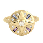 Baguette Sapphire Tanzanite Amethyst Iolite Quartz Rose Bezel Diamond 18K Gold Designer Ring