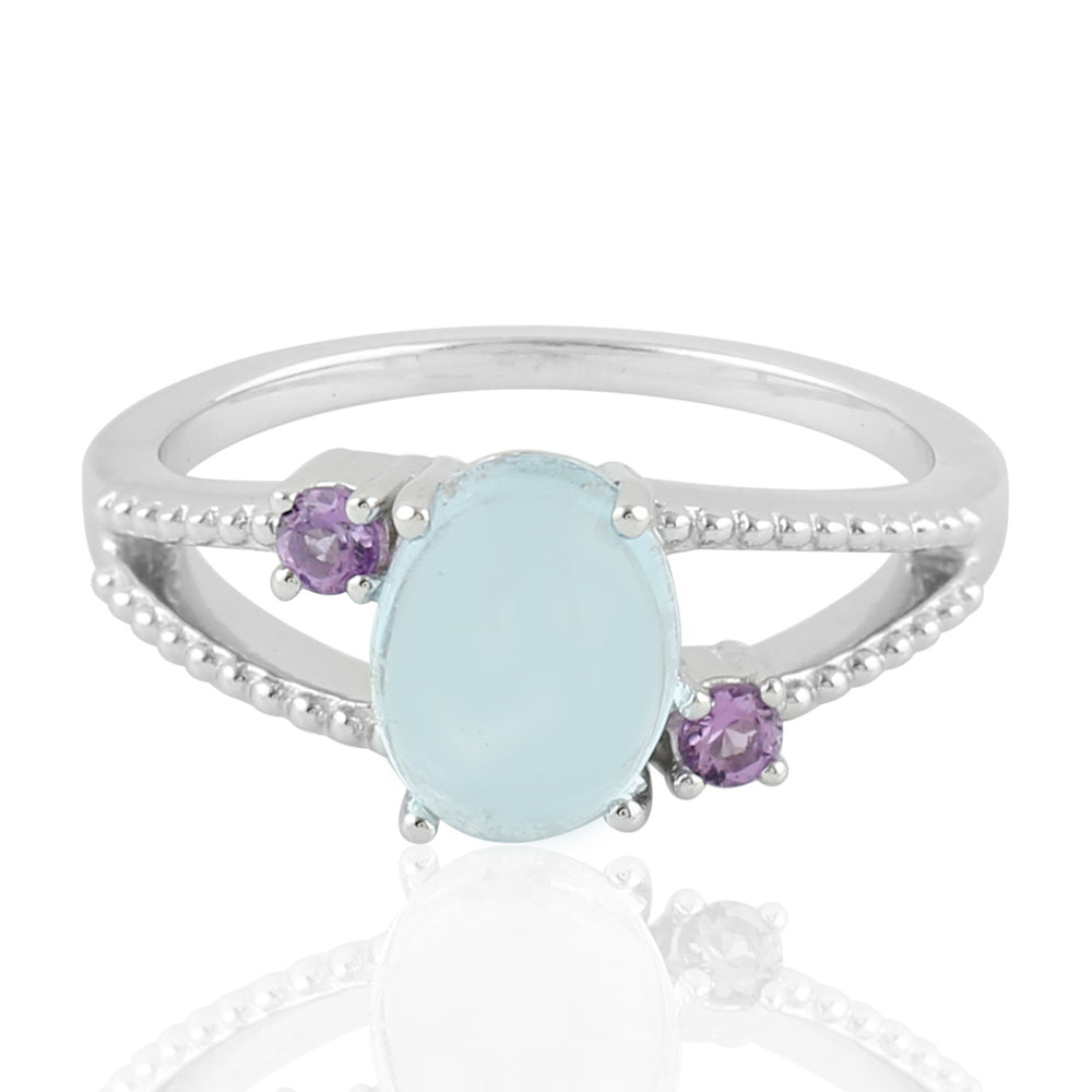 Natural Blue Topaz Amethyst three Stone Silver Ring For Women
