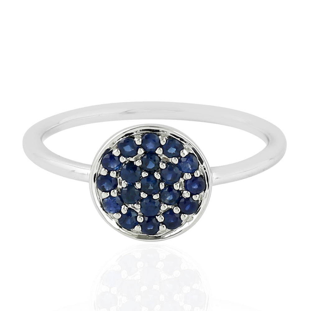 Pave Blue Sapphire Disc Ring in 18K White Gold – Handmade Statement Jewelry