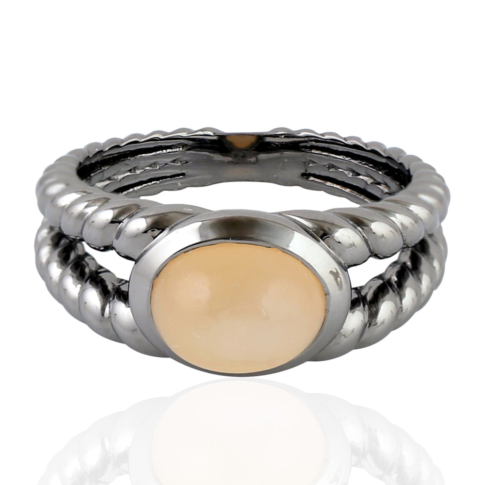 Bezel Set Peach Moonstone Handmade Sterling Silver Rope Design Ring