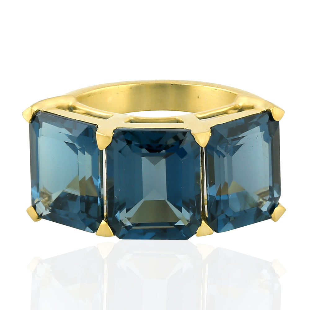 Emerald Cut London Blue Topaz Three Stone Ring In 14k Yellow Gold For Gift