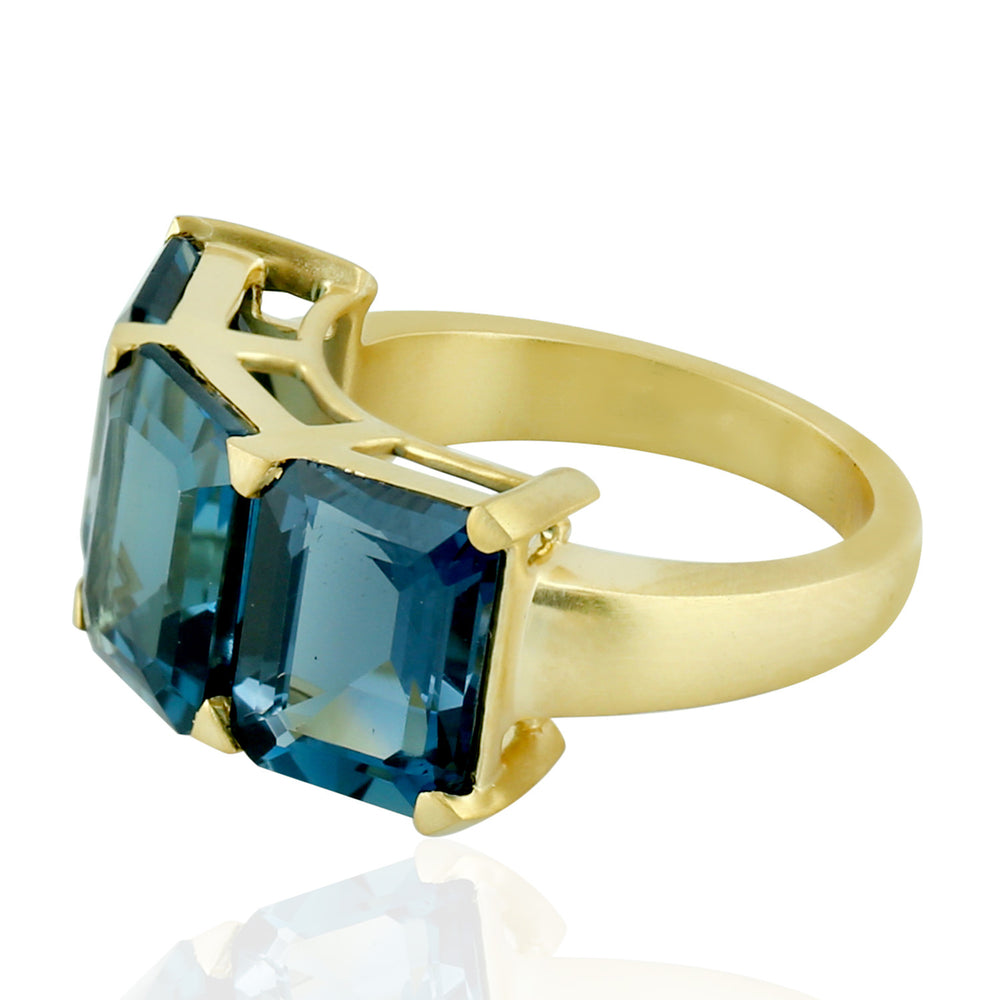 Emerald Cut London Blue Topaz Three Stone Ring In 14k Yellow Gold For Gift