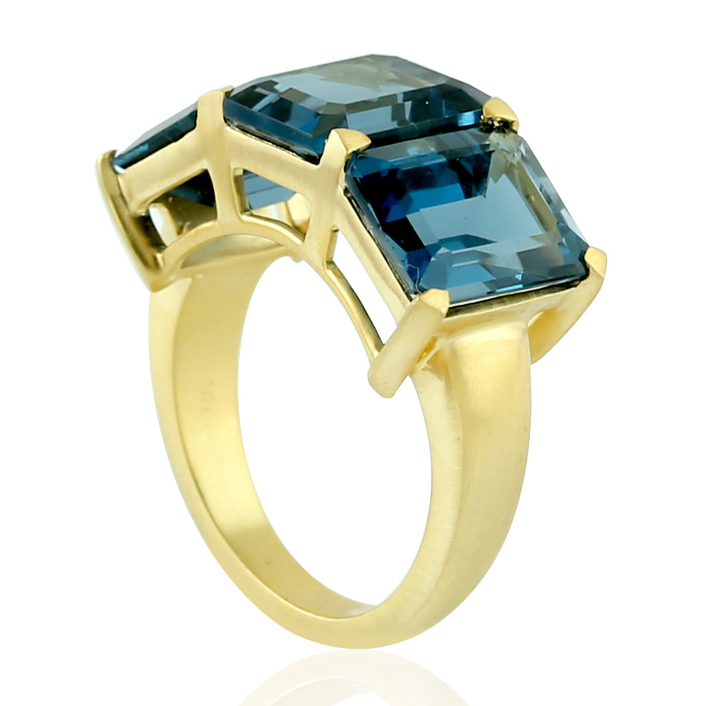 Emerald Cut London Blue Topaz Three Stone Ring In 14k Yellow Gold For Gift