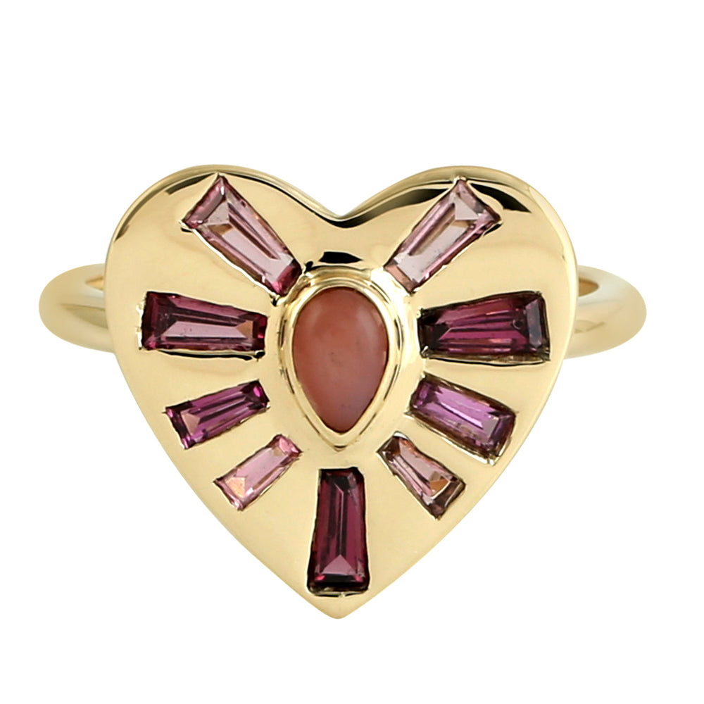 Tapered Baguette Rhodolite Tourmaline Opal Heart Valentine Ring 18k Yellow Gold