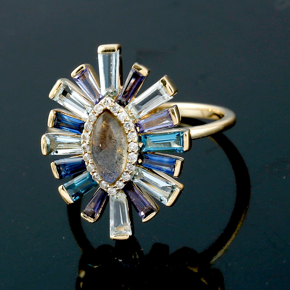 Marquise Labradorite & Multi-Gem Sunburst Ring in 18K Yellow Gold