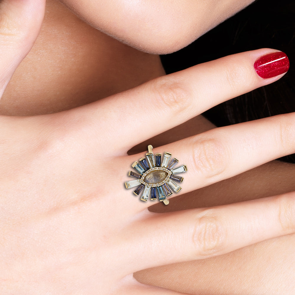 Marquise Labradorite & Multi-Gem Sunburst Ring in 18K Yellow Gold