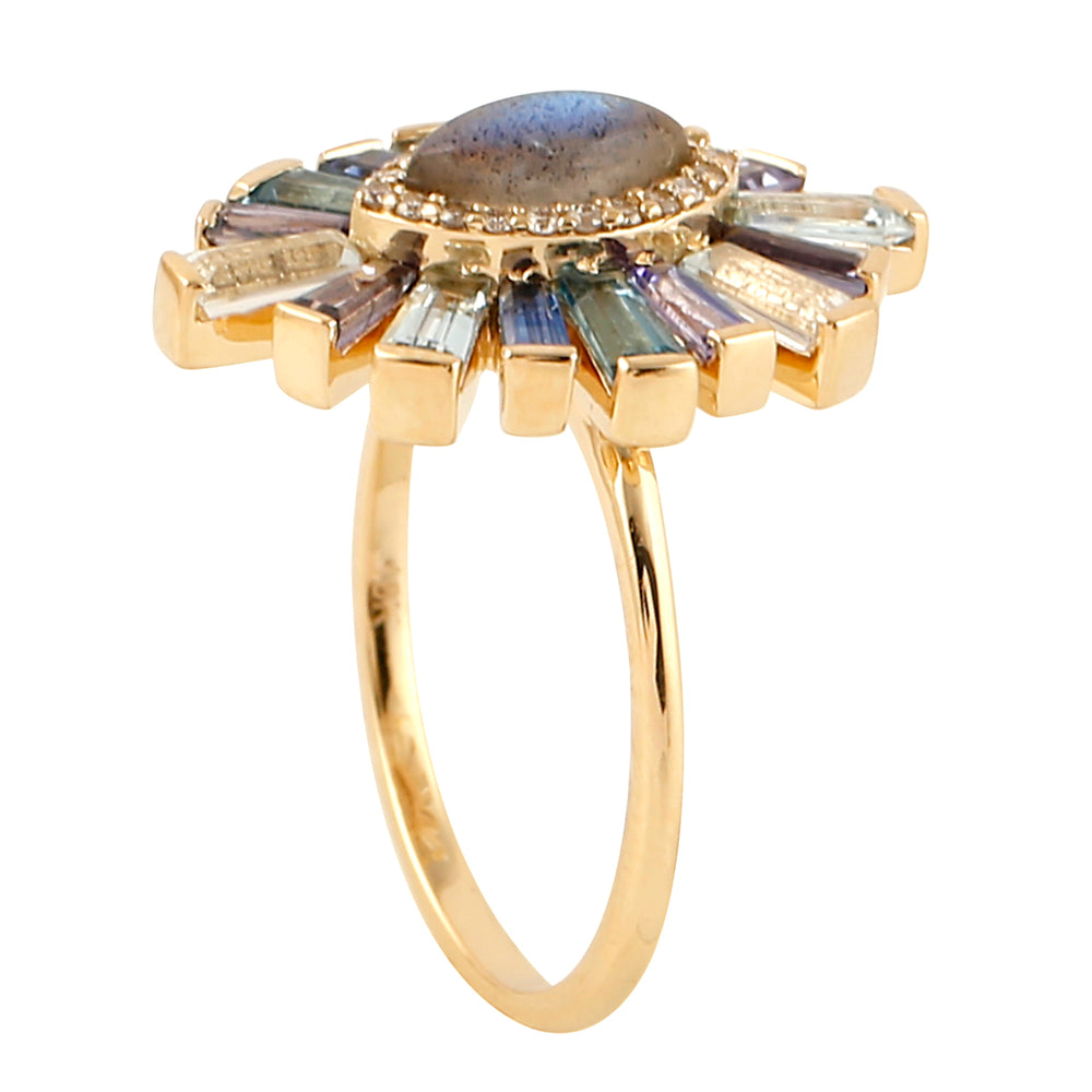 Marquise Labradorite & Multi-Gem Sunburst Ring in 18K Yellow Gold