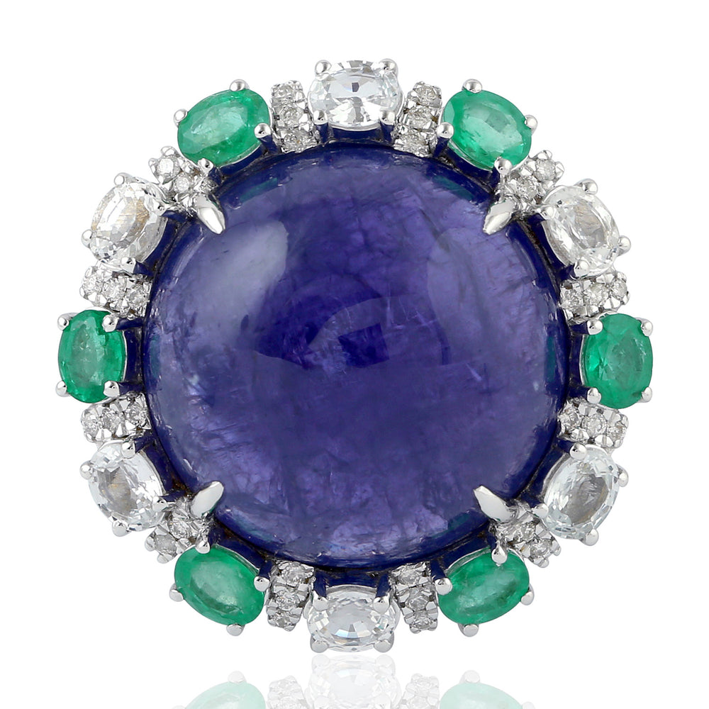 Blue Sapphire Prong Tanzanite Round Emerald Pave Diamond Cocktail Ring in White Gold