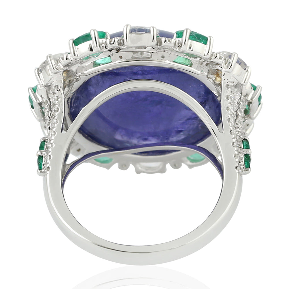 Blue Sapphire Prong Tanzanite Round Emerald Pave Diamond Cocktail Ring in White Gold