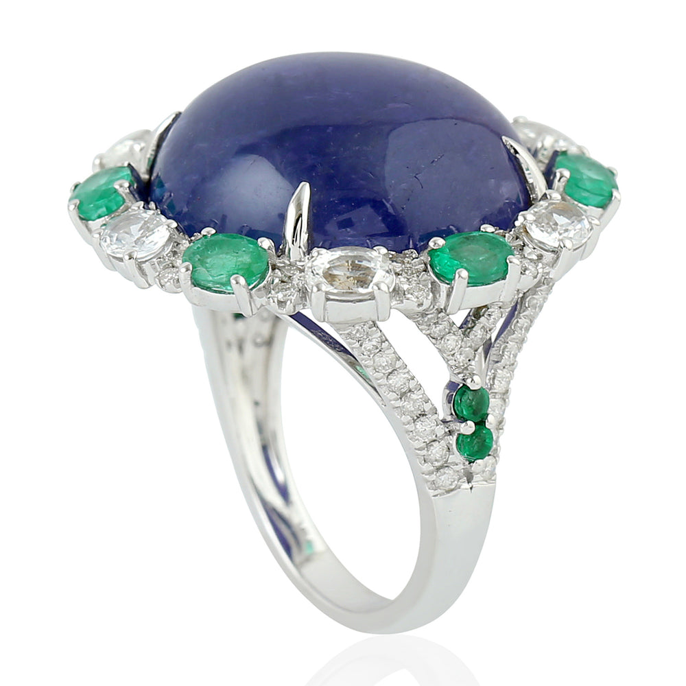 Blue Sapphire Prong Tanzanite Round Emerald Pave Diamond Cocktail Ring in White Gold