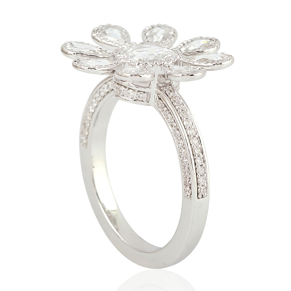 Natural Rose Cut Diamond Daisy Flower Ring in 18K White Gold – Handmade Fine Jewelry