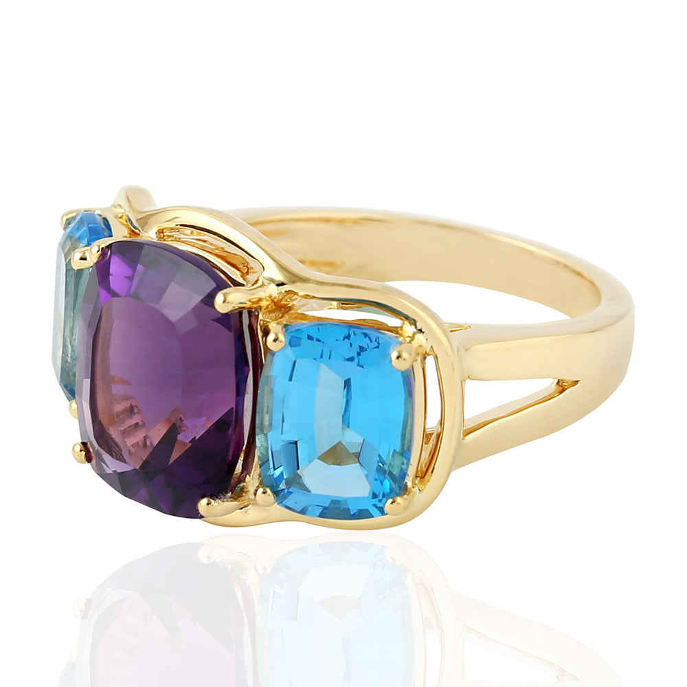 Cushion Cut Amethyst Prong Blue Topaz Three Stone Ring In Yellow Gold