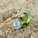 Cushion Cut Peridot Prong Blue Topaz Three Stone Beautiful Ring In 18k Yellow Gold