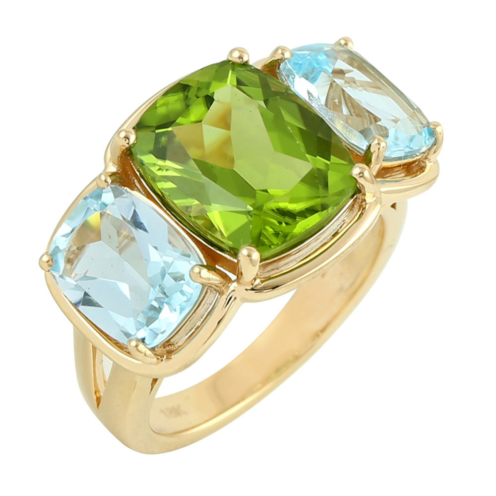 Cushion Cut Peridot Prong Blue Topaz Three Stone Beautiful Ring In 18k Yellow Gold