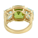 Cushion Cut Peridot Prong Blue Topaz Three Stone Beautiful Ring In 18k Yellow Gold