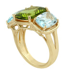 Cushion Cut Peridot Prong Blue Topaz Three Stone Beautiful Ring In 18k Yellow Gold