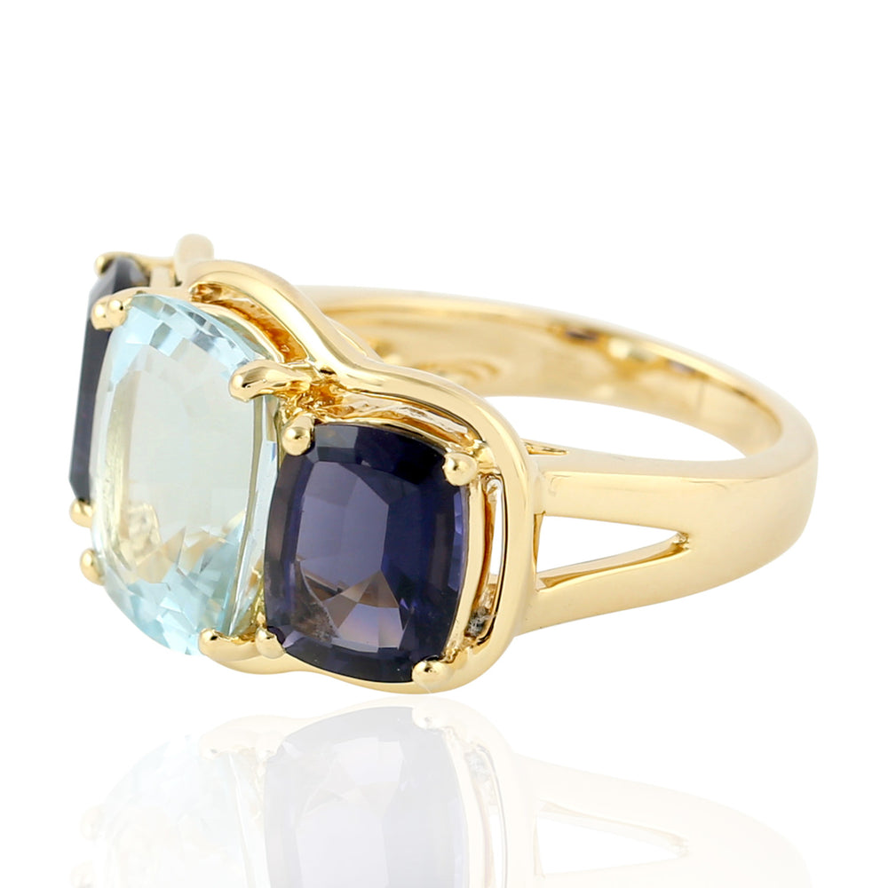 Cushion Cut Aquamarine Prong Iolite Beautiful Three Stone Ring In 18k Yellow Gold