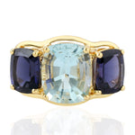 Cushion Cut Aquamarine Prong Iolite Beautiful Three Stone Ring In 18k Yellow Gold