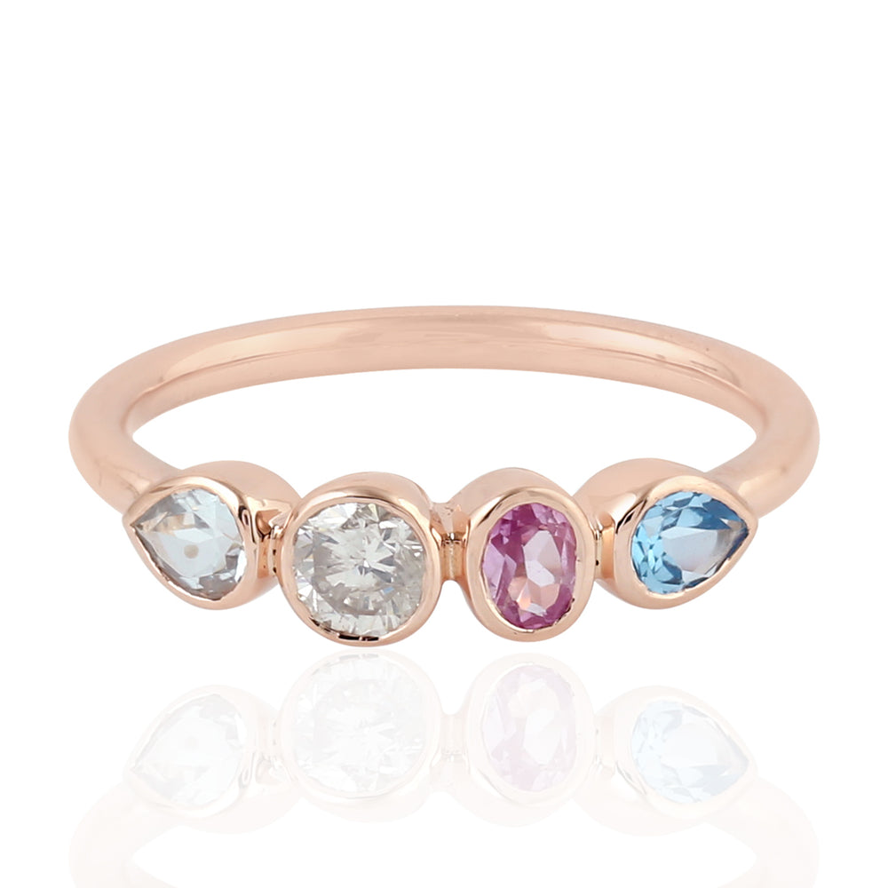 Blue Topaz Aquamarine Pink Sapphire Gemstone Ring In 14K Rose Gold