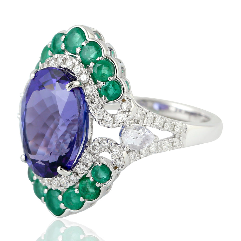 18k White Gold Tanzanite Emerald Sapphire Diamond Beautiful Cocktail Ring