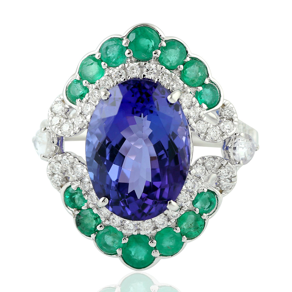18k White Gold Tanzanite Emerald Sapphire Diamond Beautiful Cocktail Ring