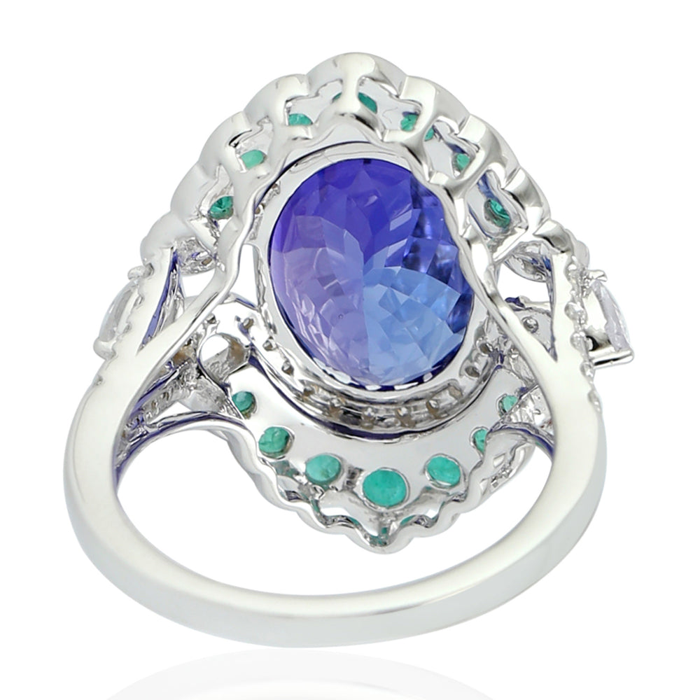 18k White Gold Tanzanite Emerald Sapphire Diamond Beautiful Cocktail Ring