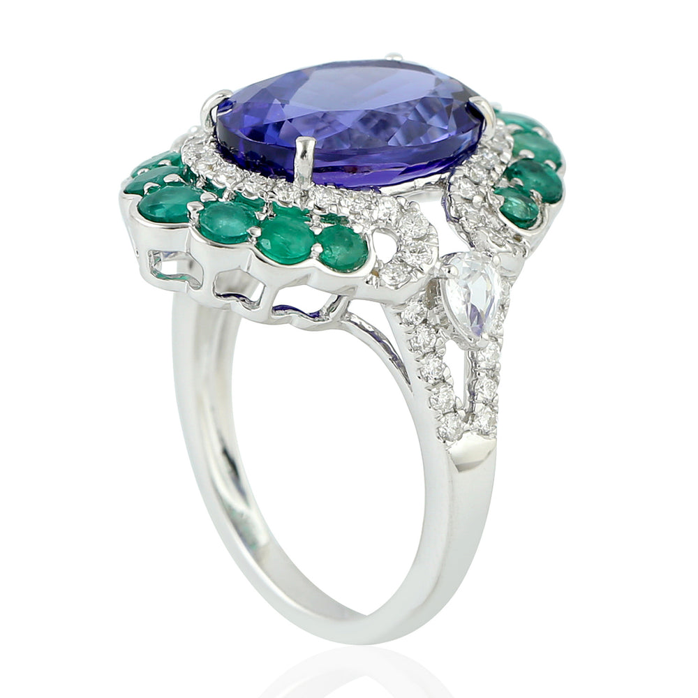 18k White Gold Tanzanite Emerald Sapphire Diamond Beautiful Cocktail Ring