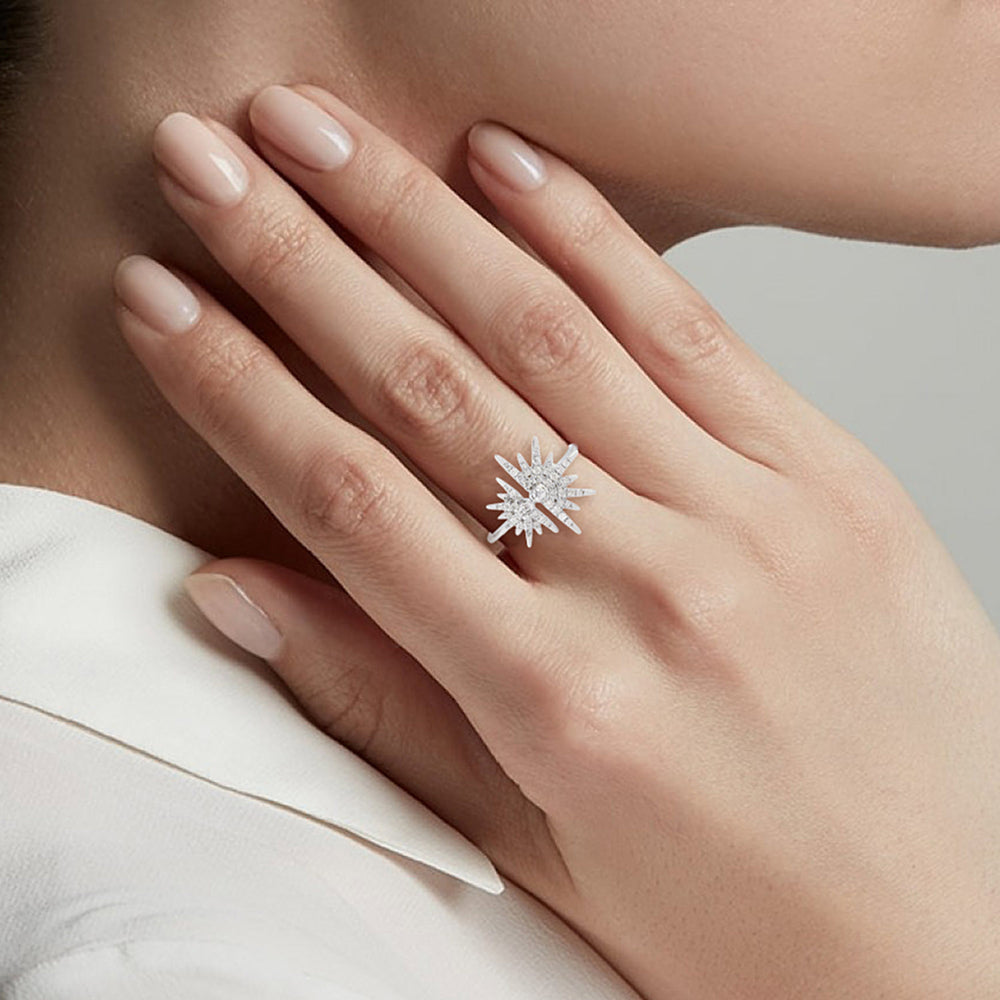 Micro Pave Diamond Starburst Design Ring In 18K White Gold