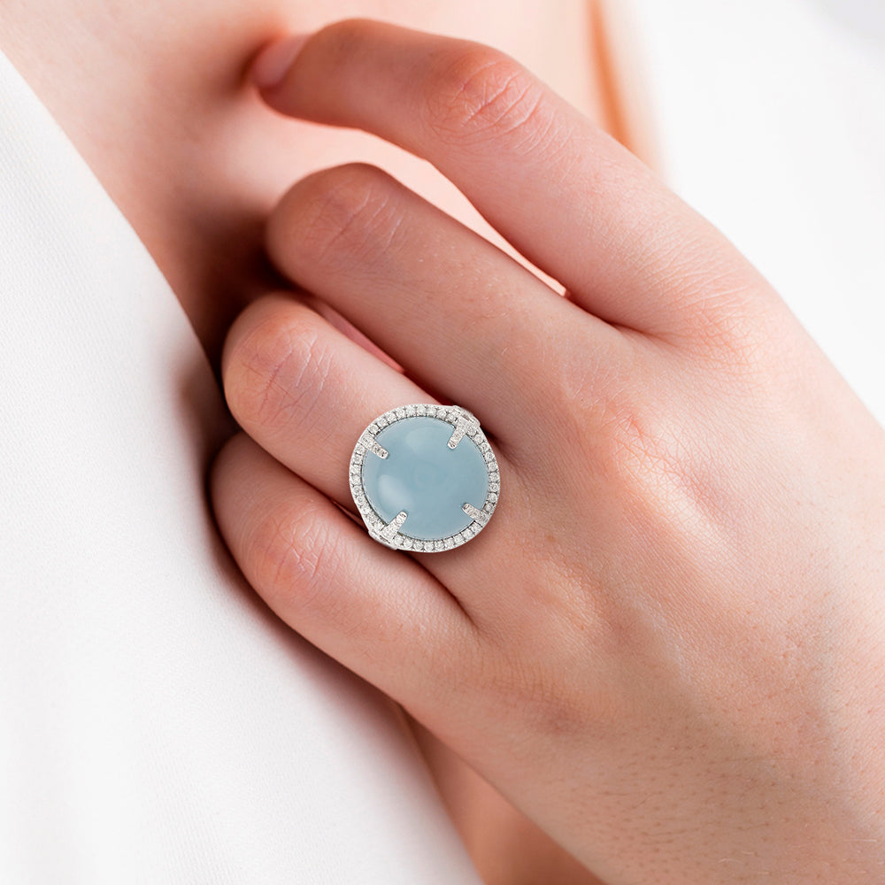 Aquamarine Gemstone Pave Diamond  Cocktail Ring In 18k White Gold