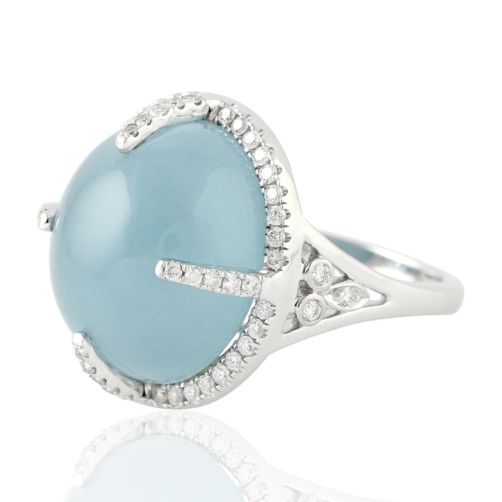 Aquamarine Gemstone Pave Diamond  Cocktail Ring In 18k White Gold