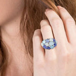 Handcarved Topaz Tanzanite Moonstone Onyx Diamond Cluster Ring In 18k White Gold For Her