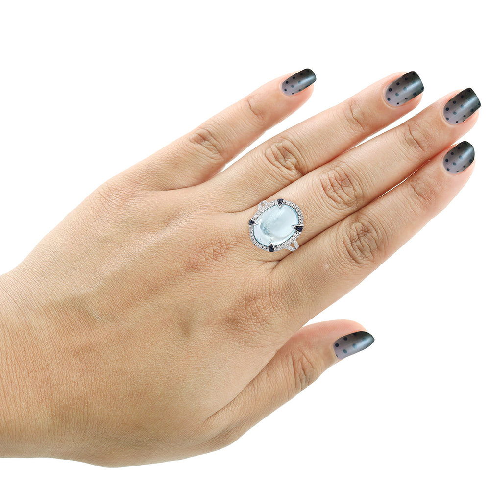 Oval Cut Aquamarine Pave Diamond Blue Sapphire Solitaire Ring In 18k White Gold