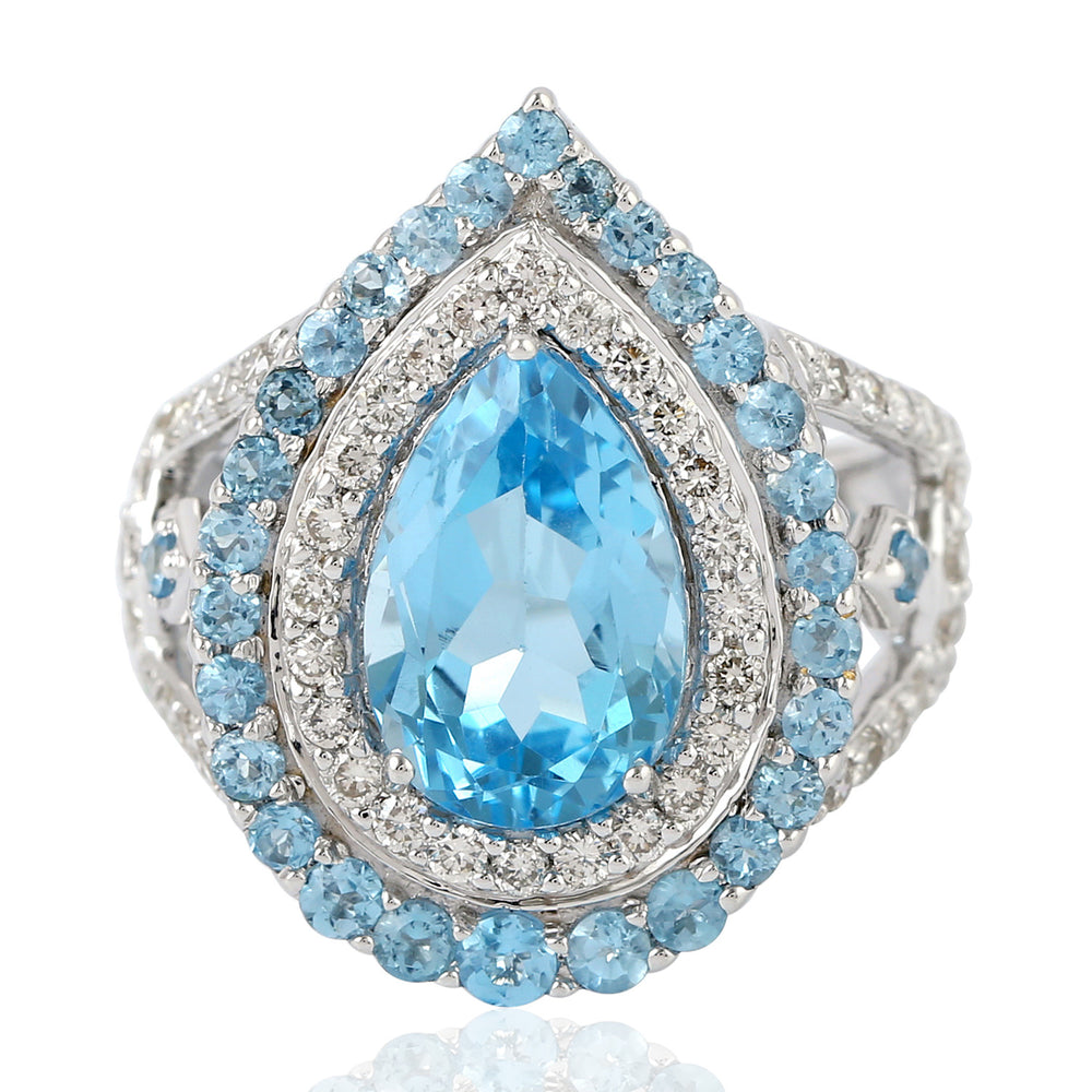 Pear Cut Blue Topaz Gemstone Diamond Beautiful Cocktail Ring In White Gold