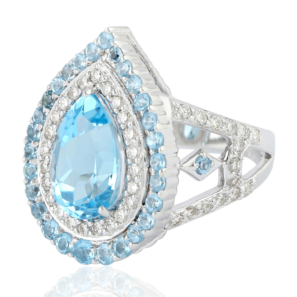 Pear Cut Blue Topaz Gemstone Diamond Beautiful Cocktail Ring In White Gold