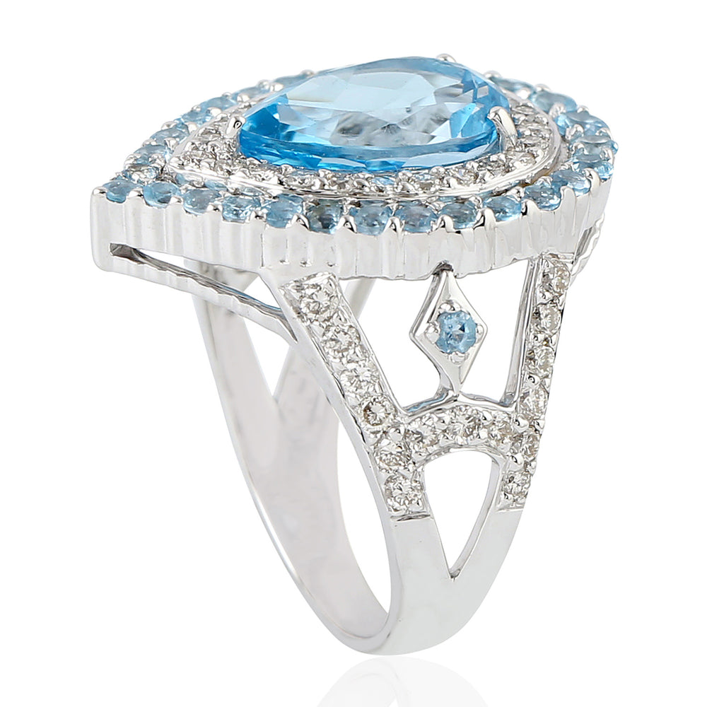 Pear Cut Blue Topaz Gemstone Diamond Beautiful Cocktail Ring In White Gold