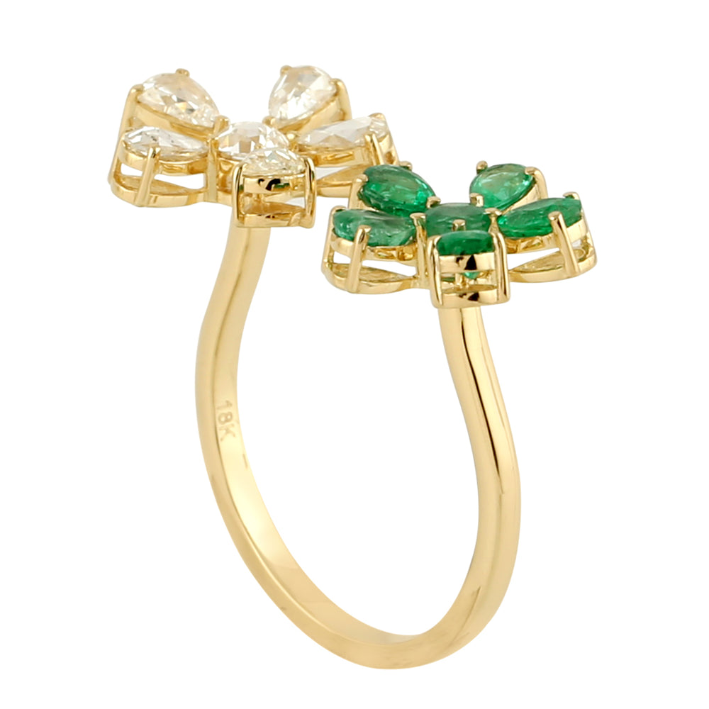 18k Yellow Gold Bypass Flower Ring Emerald Gemstone Rose Cut Diamond