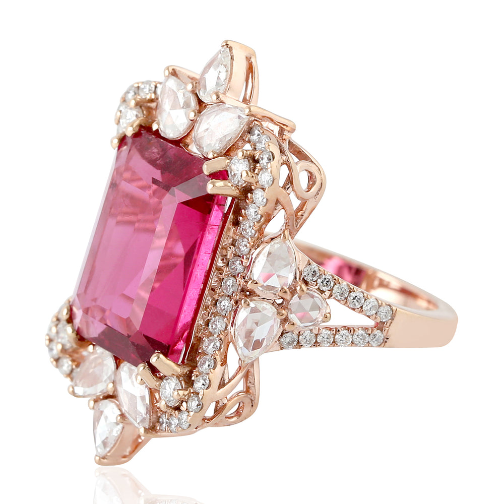 Pink Tourmaline Prong Rose Cut Diamond Cocktail Design In Rose Gold