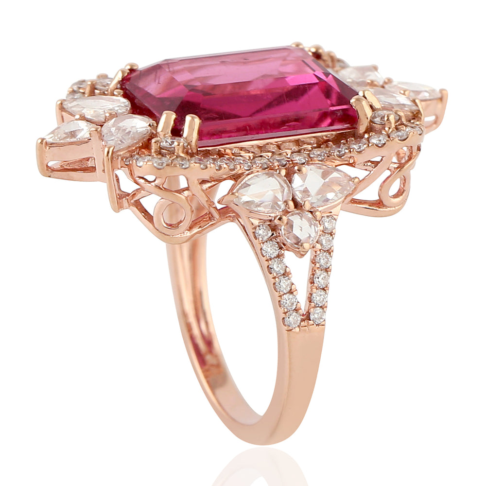 Pink Tourmaline Prong Rose Cut Diamond Cocktail Design In Rose Gold
