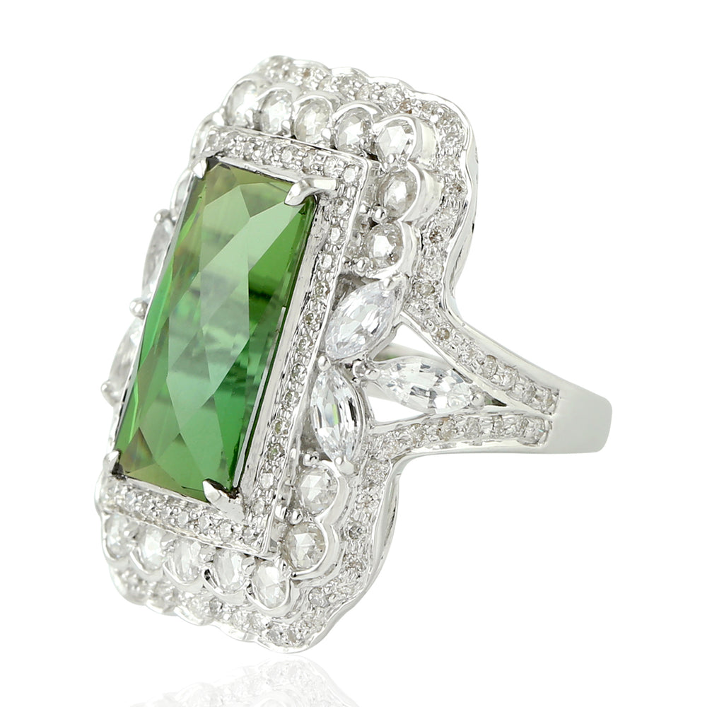 Green Tourmaline Pave Rose Cut Diamond White Sapphire Cocktail Ring In White Gold