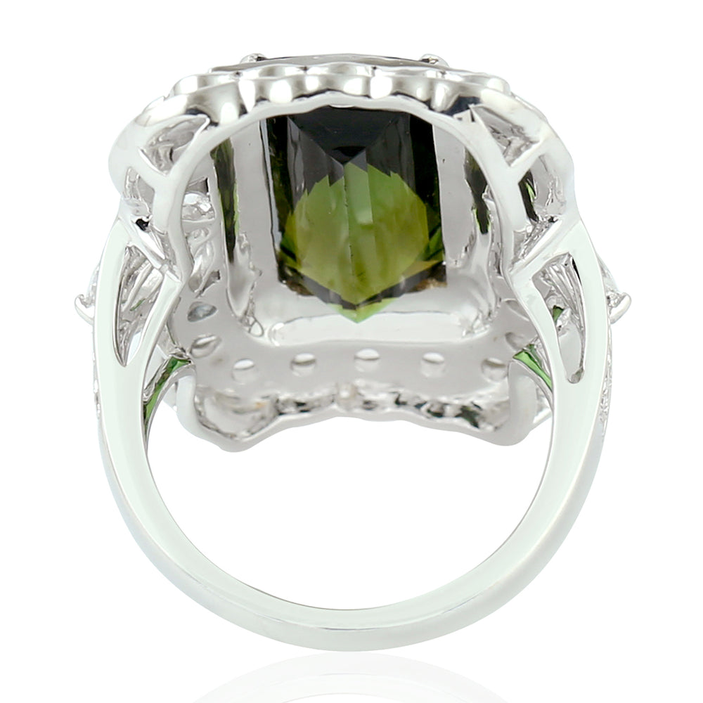 Green Tourmaline Pave Rose Cut Diamond White Sapphire Cocktail Ring In White Gold