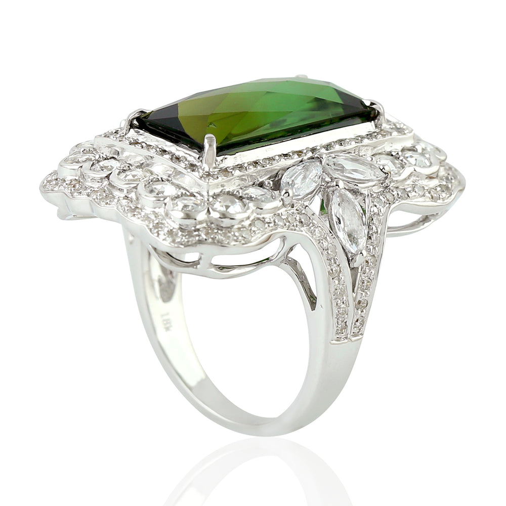 Green Tourmaline Pave Rose Cut Diamond White Sapphire Cocktail Ring In White Gold
