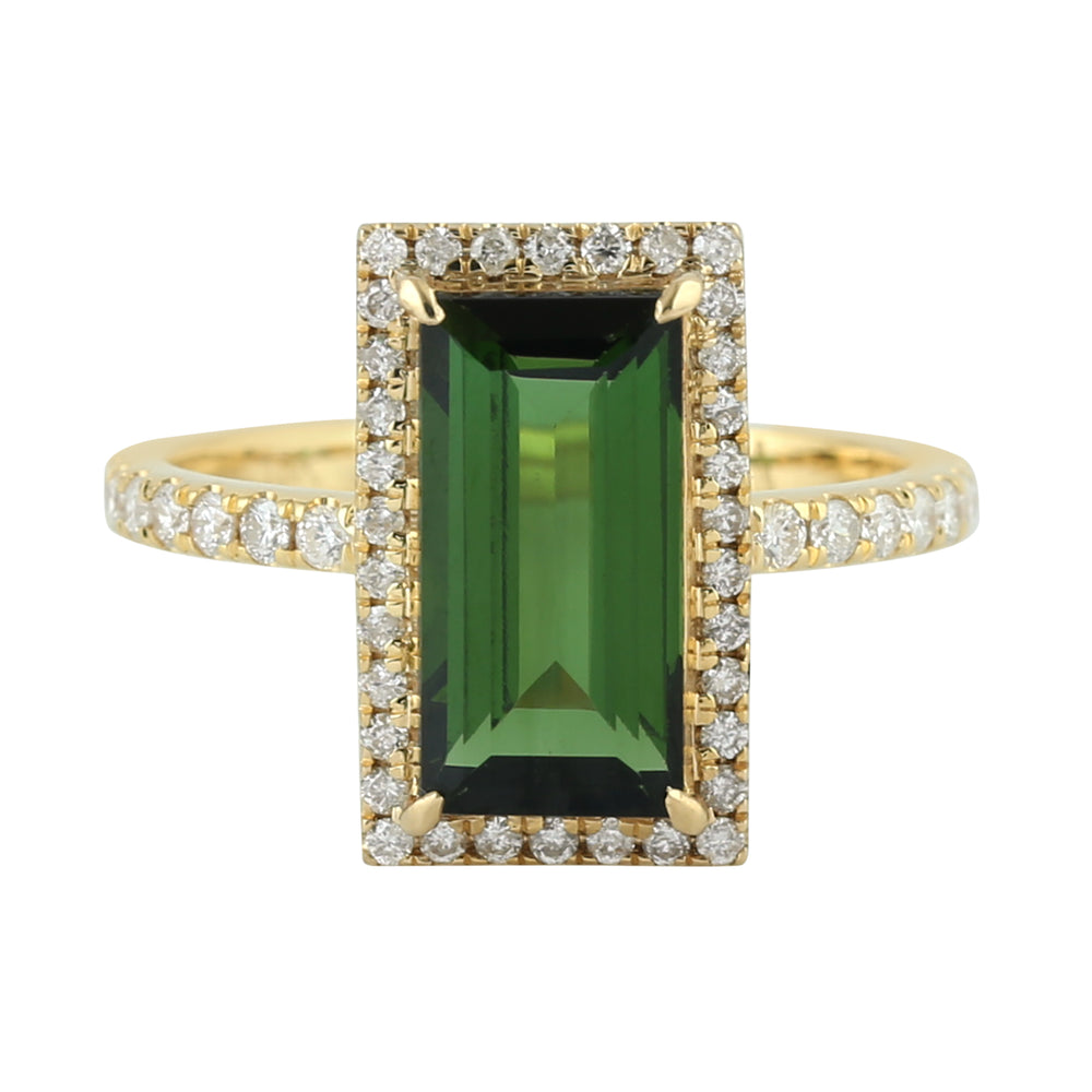 Baguette Green Tourmaline Pave Diamond Beautiful Cocktail Ring In 18k Yellow Gold