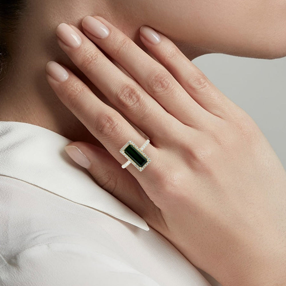 Baguette Green Tourmaline Pave Diamond Beautiful Cocktail Ring In 18k Yellow Gold