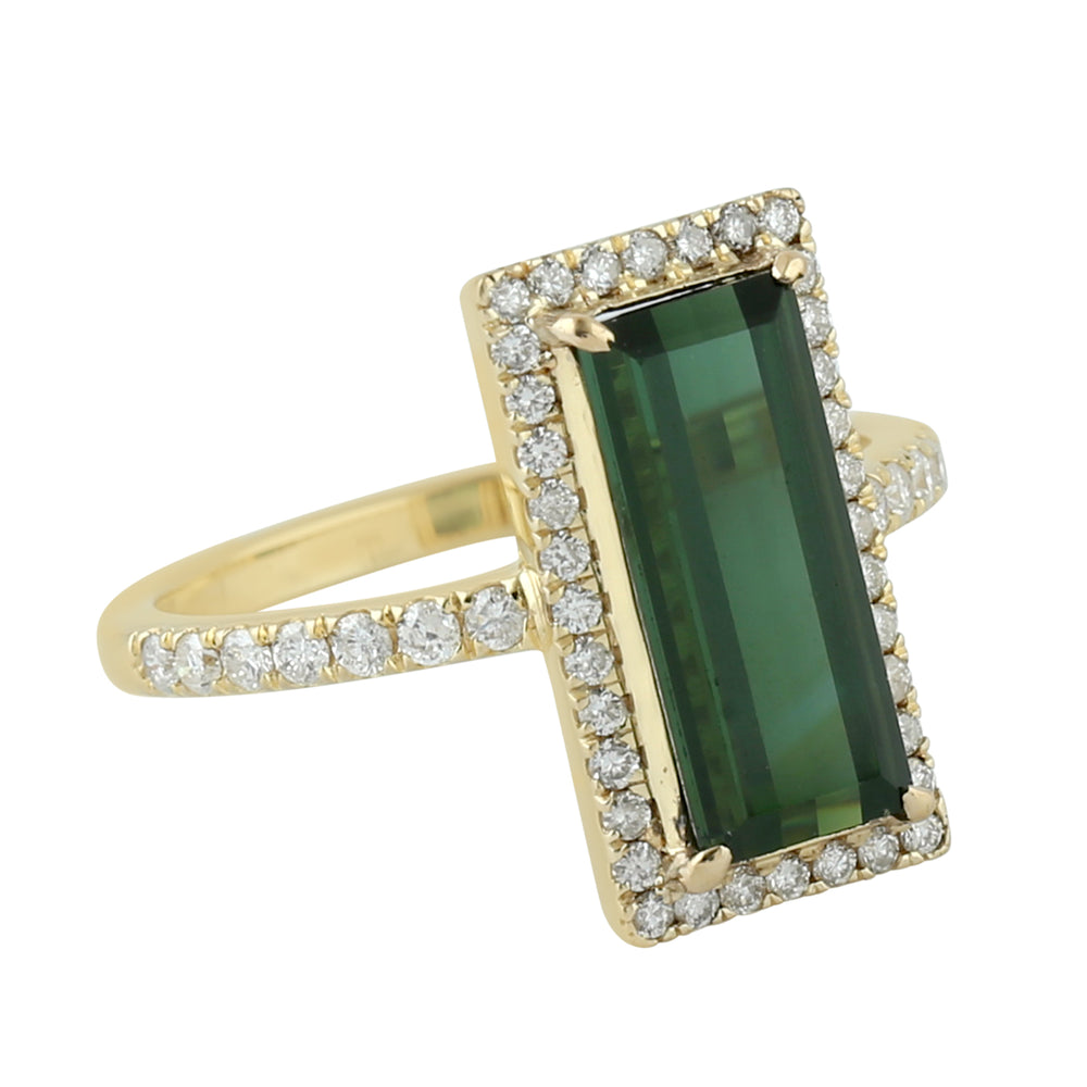 Baguette Green Tourmaline Pave Diamond Beautiful Cocktail Ring In 18k Yellow Gold