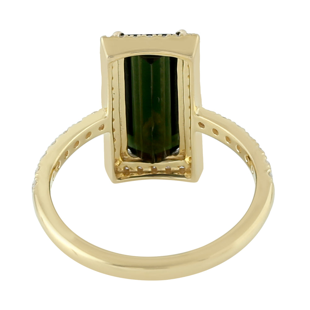 Baguette Green Tourmaline Pave Diamond Beautiful Cocktail Ring In 18k Yellow Gold