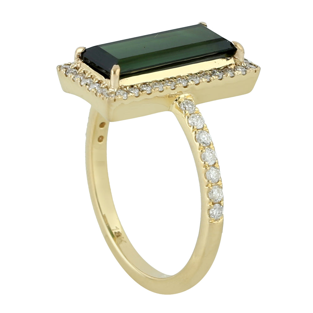 Baguette Green Tourmaline Pave Diamond Beautiful Cocktail Ring In 18k Yellow Gold