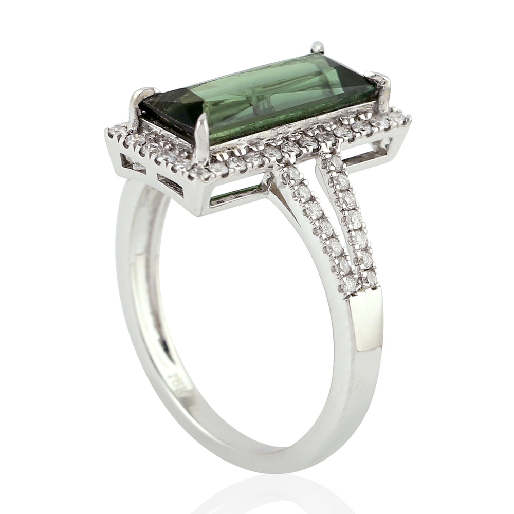 Baguette Cut Tourmaline Pave Diamond In 18k White Gold Cocktail Ring For Her