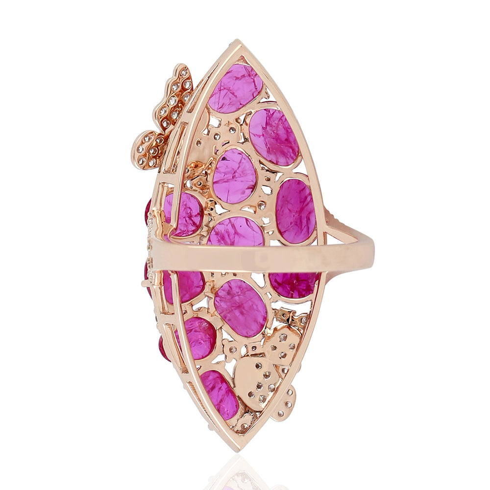 Micro Pave Diamond Ruby Gemstone Butterfly Long Ring In 18k Rose Gold