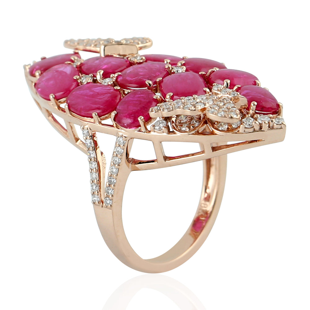 Micro Pave Diamond Ruby Gemstone Butterfly Long Ring In 18k Rose Gold