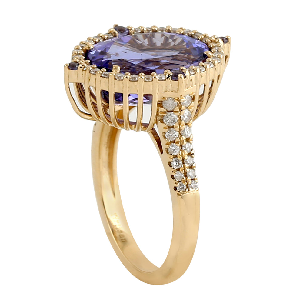 Oval Cut Tanzanite Gemstone Pave Diamond Solitaire Ring In 18K Yellow Gold